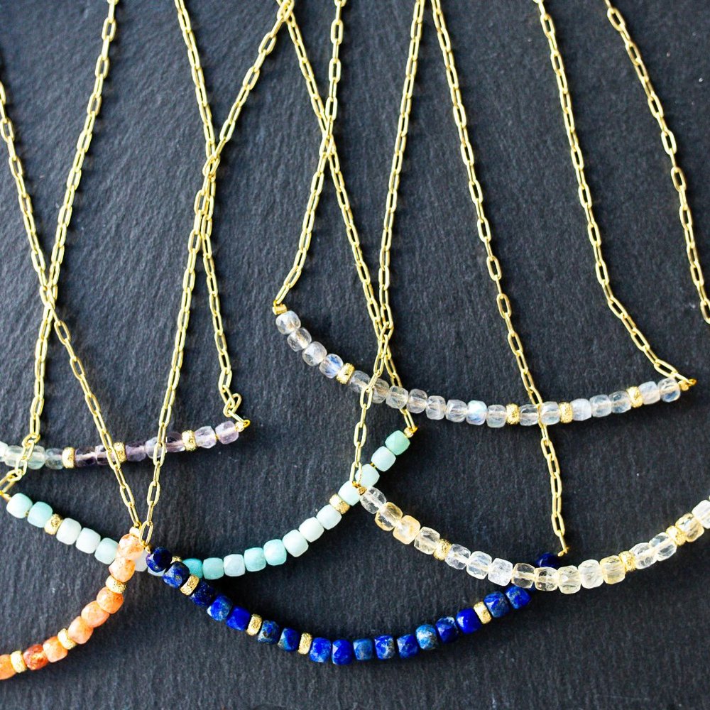 Pastel Gemstone Beaded Necklace Gold Paperclip Chain Waterproof Fluorite Crystal - Picture 11 of 13